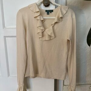 Ralph Lauren Cream Ruffle V-Neck Long Sleeve Top